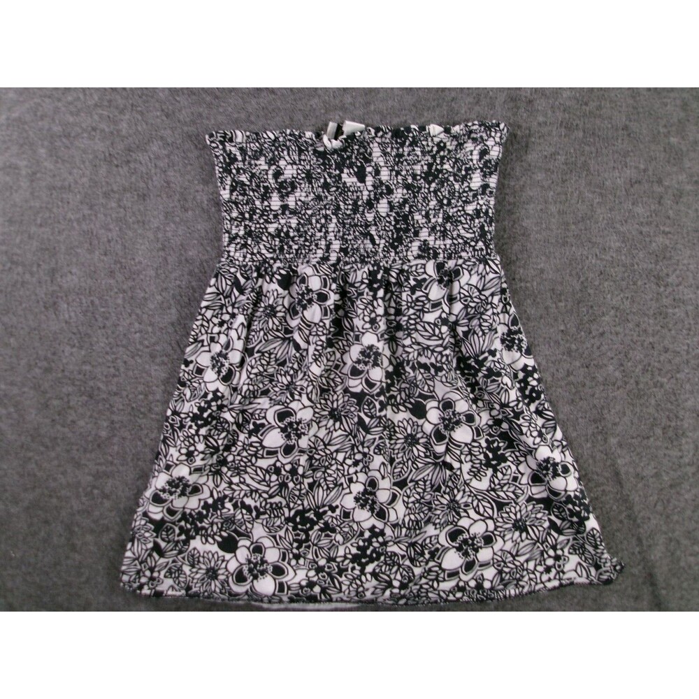 LOFT Dress Womens S Strapless Smocked Bodice Floral Black White Sundress Casual